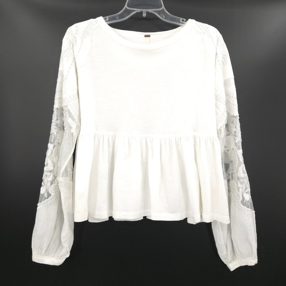 Free People Embroidered Penny Tee Babydoll Top Womens XS White Lace Embroidered